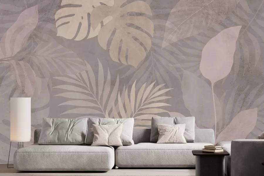 τοιχογραφίες υφή τροπικών φύλλων σε γκρι φόντο w05063v1