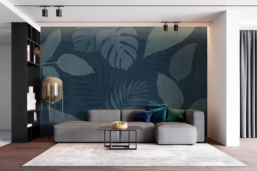 τοιχογραφίες υφή τροπικών φύλλων σε σκούρο μπλε φόντο w05063v3