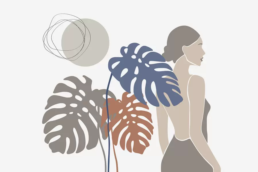 τοιχογραφίες Σιλουέτα γυναίκας κοντά σε τροπικά φύλλα w05192