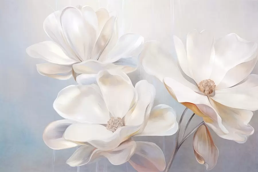 τοιχογραφίες Λευκά φανταστικά άνθη μανόλιας με λεπτεπίλεπτα πέταλα, απαλό, αφηρημένο φόντο w09373