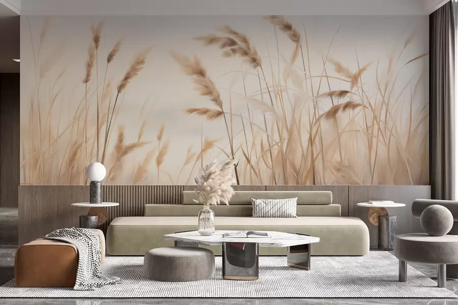 τοιχογραφίες Ψηλό, υφασμάτινο ξερό χορτάρι με στάχυα σιταριού στο χωράφι, σε απαλό, ανοιχτόχρωμο φόντο. w09648
