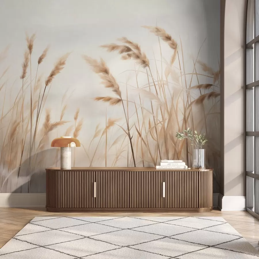 τοιχογραφίες Ψηλό, υφασμάτινο ξερό χορτάρι με στάχυα σιταριού στο χωράφι, σε απαλό, ανοιχτόχρωμο φόντο. w09648