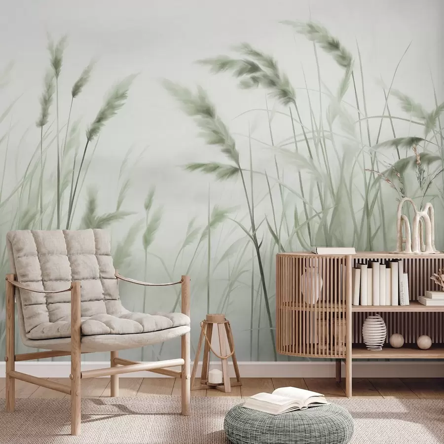 τοιχογραφίες Ψηλό, υφασμάτινο ξερό χορτάρι με στάχυα σιταριού στο χωράφι, σε απαλό, ανοιχτόχρωμο φόντο. w09648v1