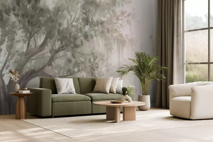 τοιχογραφίες Δέντρο με υφή, με ανοιχτοπράσινα φύλλα και κλαδιά, με απαλό, θολό φόντο w09650