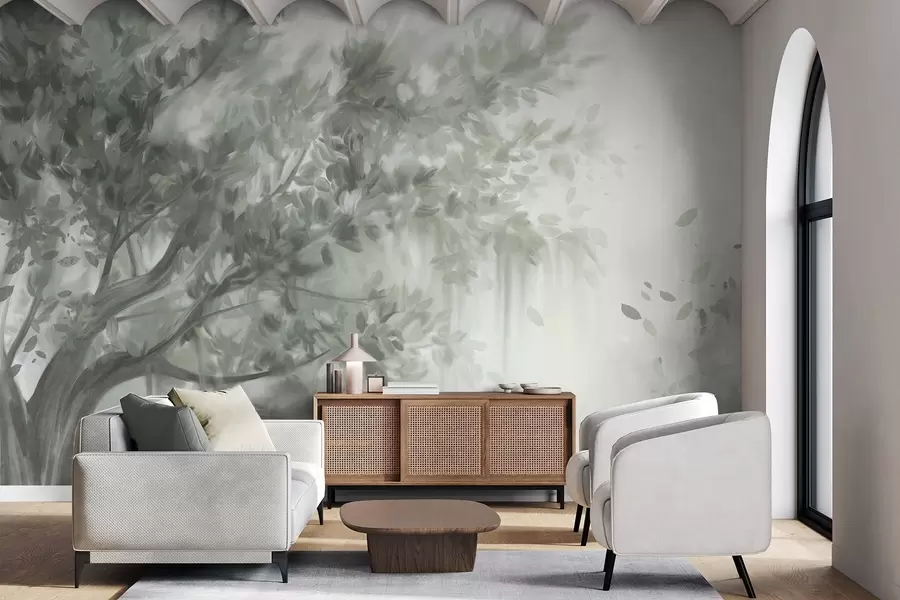 τοιχογραφίες Δέντρο με υφή, πράσινα φύλλα και κλαδιά, με απαλό, θολό φόντο w09650v1