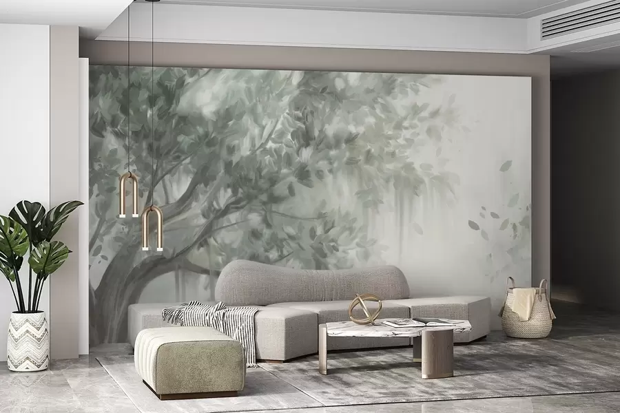 τοιχογραφίες Δέντρο με υφή, πράσινα φύλλα και κλαδιά, με απαλό, θολό φόντο w09650v1
