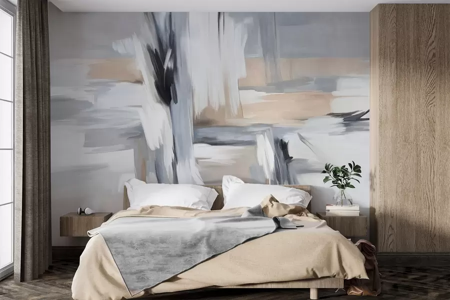 τοιχογραφίες Αφηρημένο ζωγραφικό στυλ με πινελιές σε αποχρώσεις του λευκού, του γκρι και του μπεζ w09651