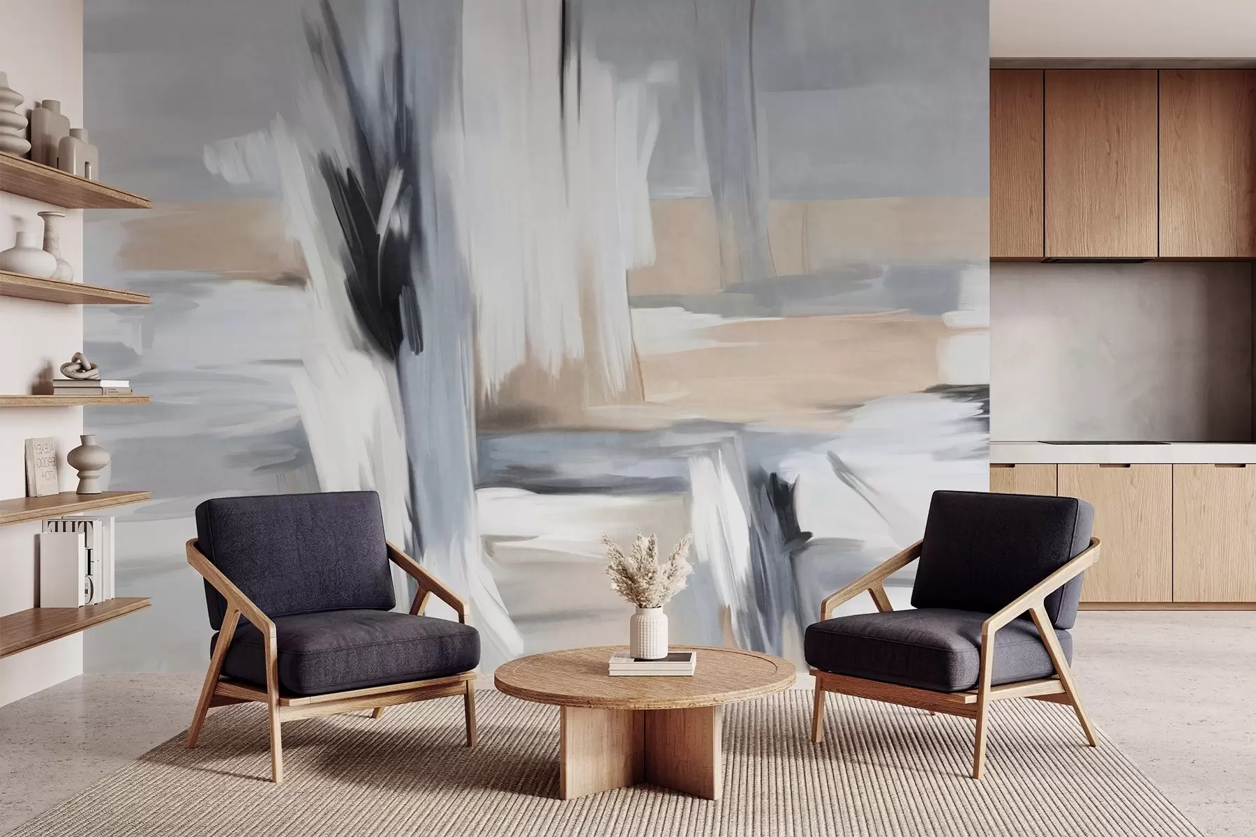 τοιχογραφίες Αφηρημένο ζωγραφικό στυλ με πινελιές σε αποχρώσεις του λευκού, του γκρι και του μπεζ w09651