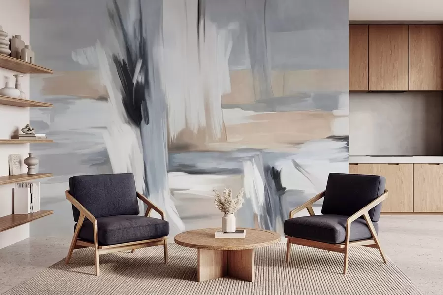 τοιχογραφίες Αφηρημένο ζωγραφικό στυλ με πινελιές σε αποχρώσεις του λευκού, του γκρι και του μπεζ w09651