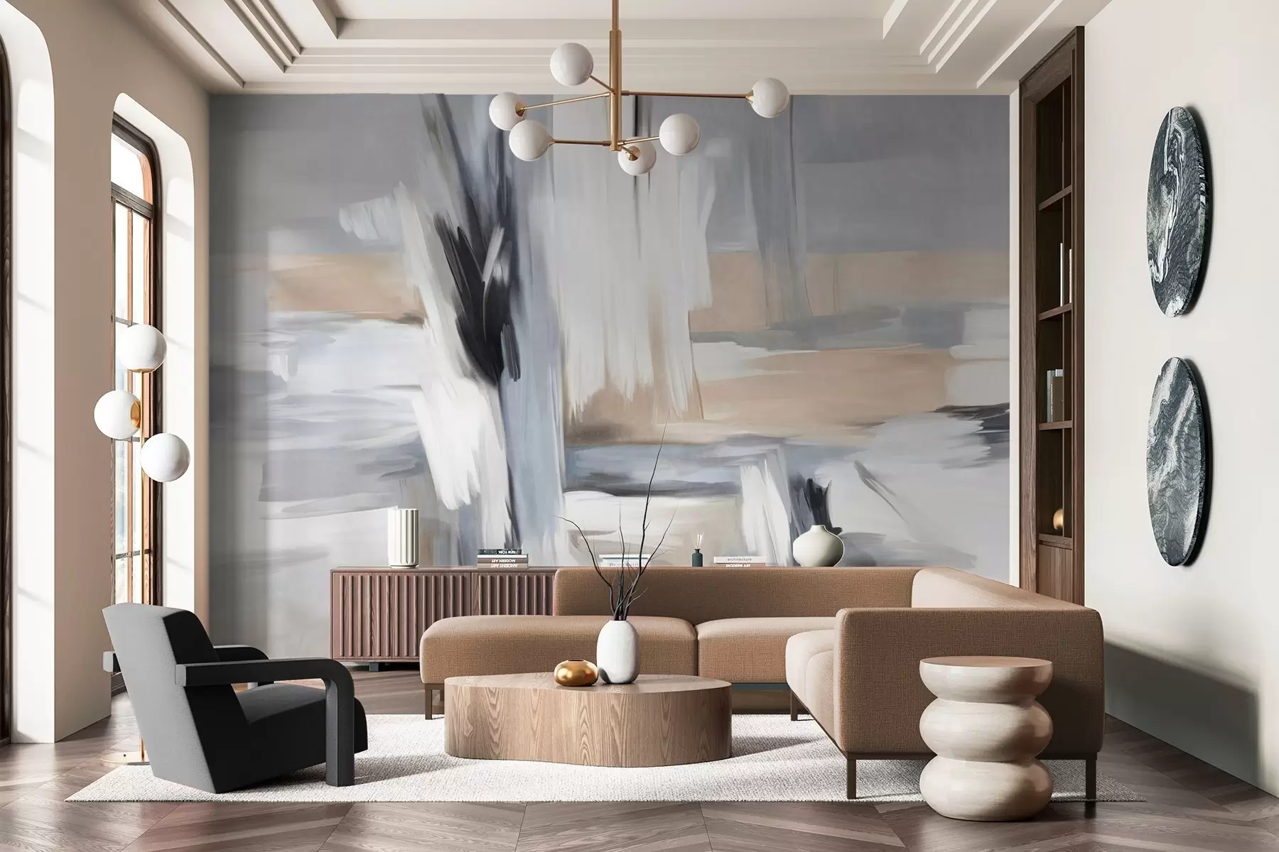 τοιχογραφίες Αφηρημένο ζωγραφικό στυλ με πινελιές σε αποχρώσεις του λευκού, του γκρι και του μπεζ w09651