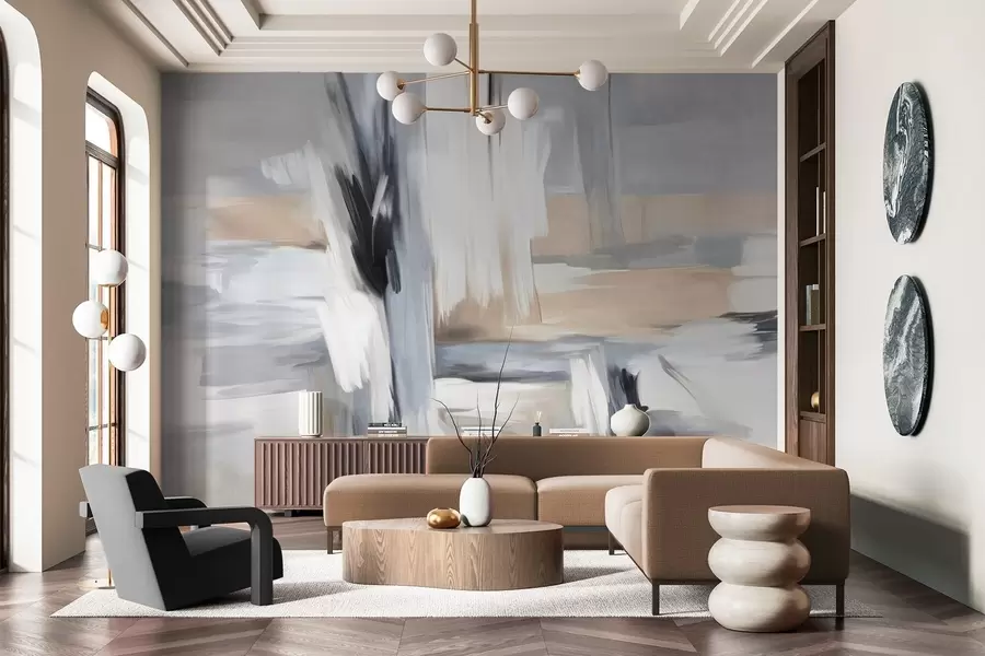 τοιχογραφίες Αφηρημένο ζωγραφικό στυλ με πινελιές σε αποχρώσεις του λευκού, του γκρι και του μπεζ w09651
