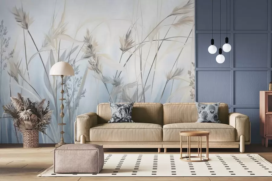 τοιχογραφίες Ψηλά, ξερά χόρτα με φτερωτές κορυφές σε απαλούς τόνους, απαλό, θολό μπλε και λευκό φόντο w09652