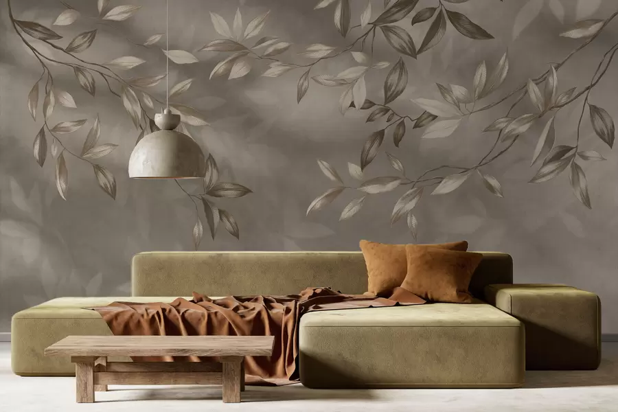 τοιχογραφίες Λεπτά φυλλώδη κλαδιά σε μπεζ αποχρώσεις σε ανοιχτόχρωμο φόντο w05113v2