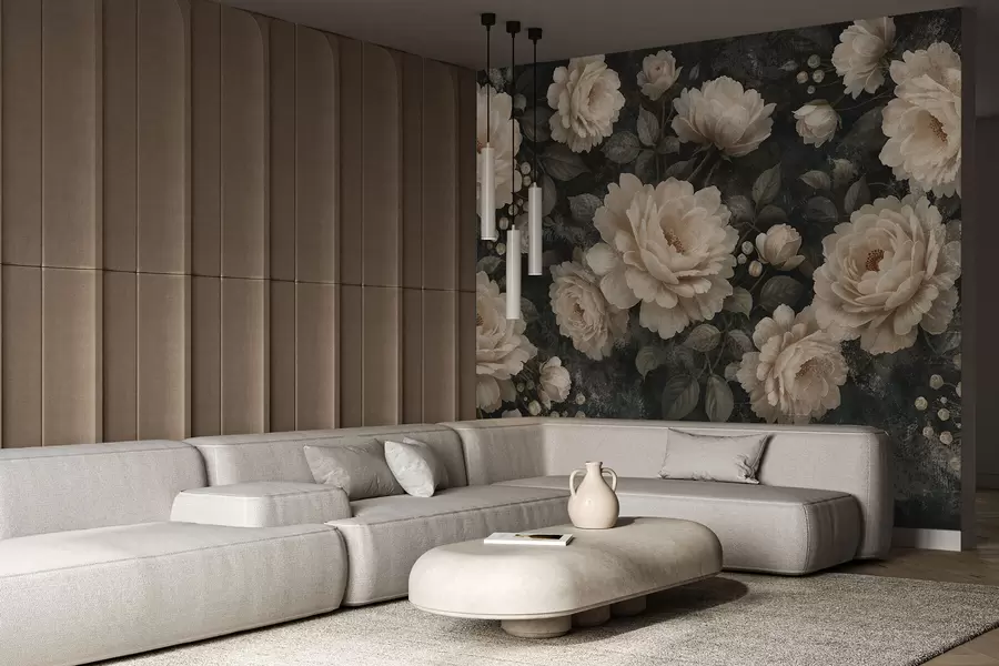 τοιχογραφίες Ογκώδη λουλούδια σε μπεζ χρώματα σε σκούρο φόντο w05114