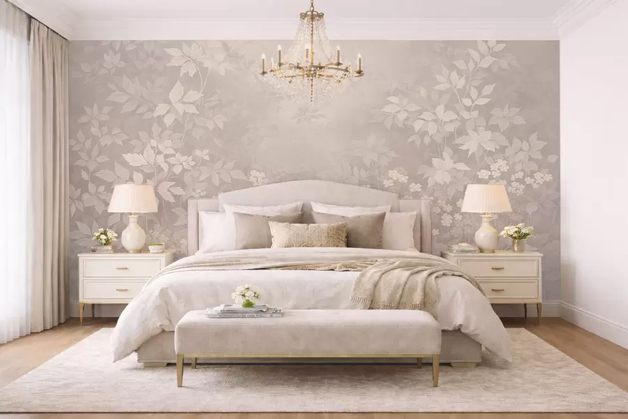 τοιχογραφίες Ελαφρύ βοτανικό στολίδι με φύλλα και μικρά λουλούδια w05115