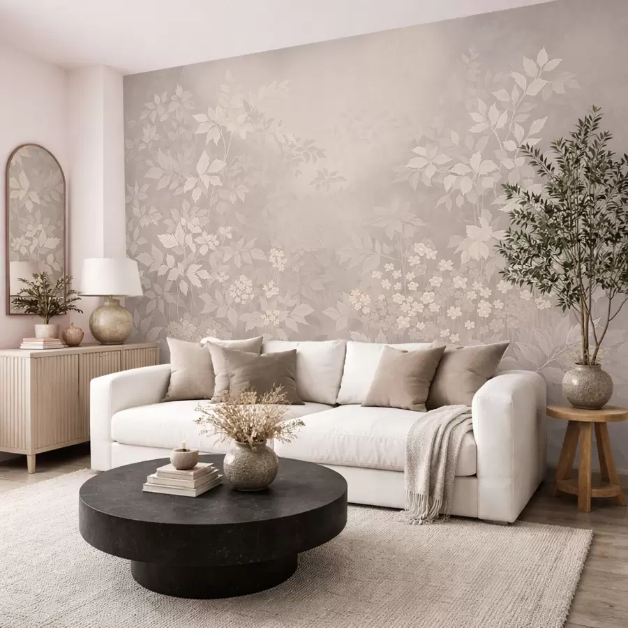 τοιχογραφίες Ελαφρύ βοτανικό στολίδι με φύλλα και μικρά λουλούδια w05115
