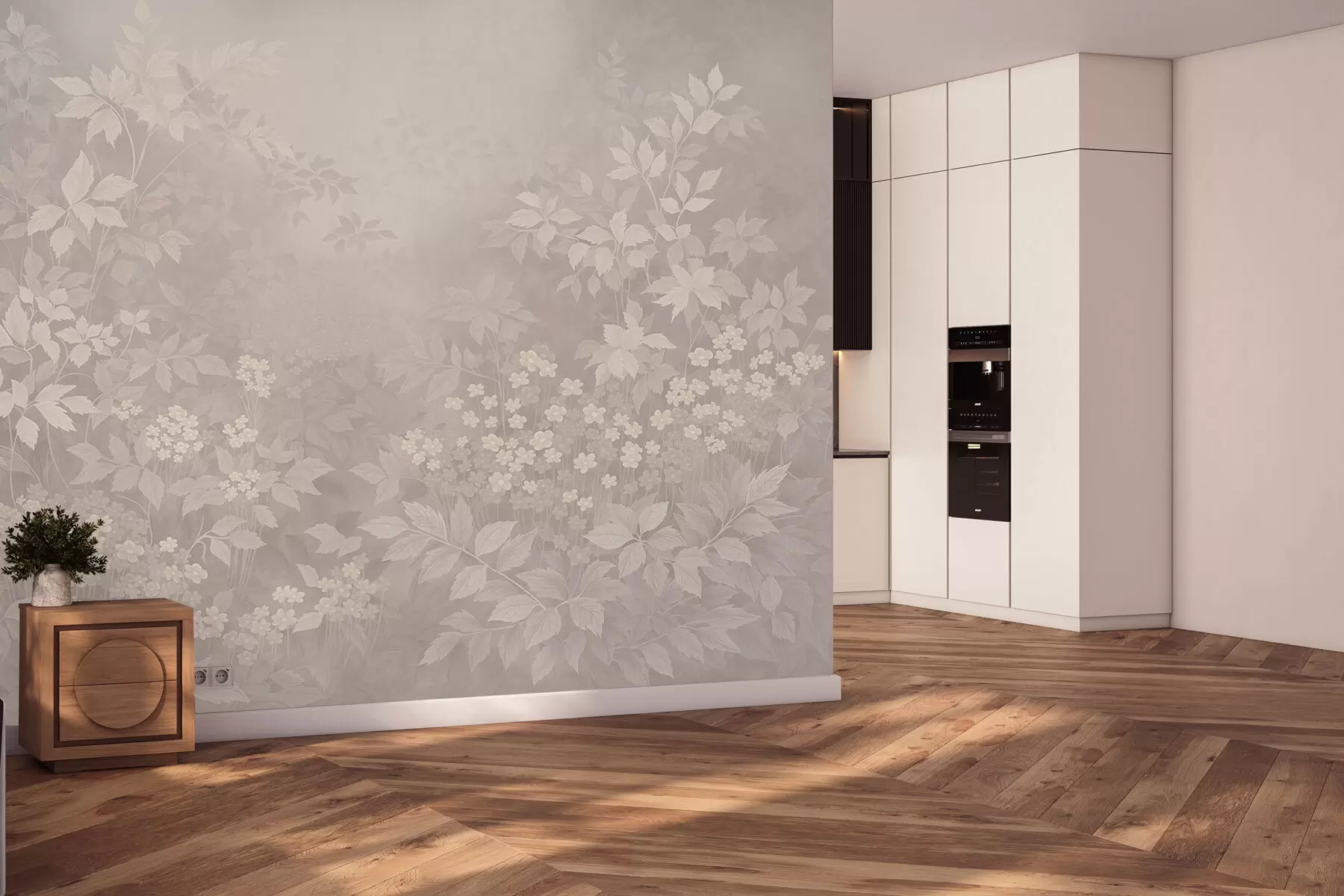 τοιχογραφίες Ελαφρύ βοτανικό στολίδι με φύλλα και μικρά λουλούδια w05115