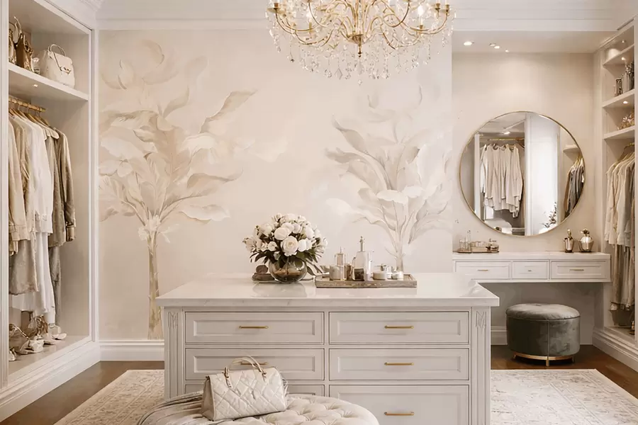 τοιχογραφίες Αέρινα διακοσμητικά φυτά σε ζεστούς κρεμώδεις τόνους w05126