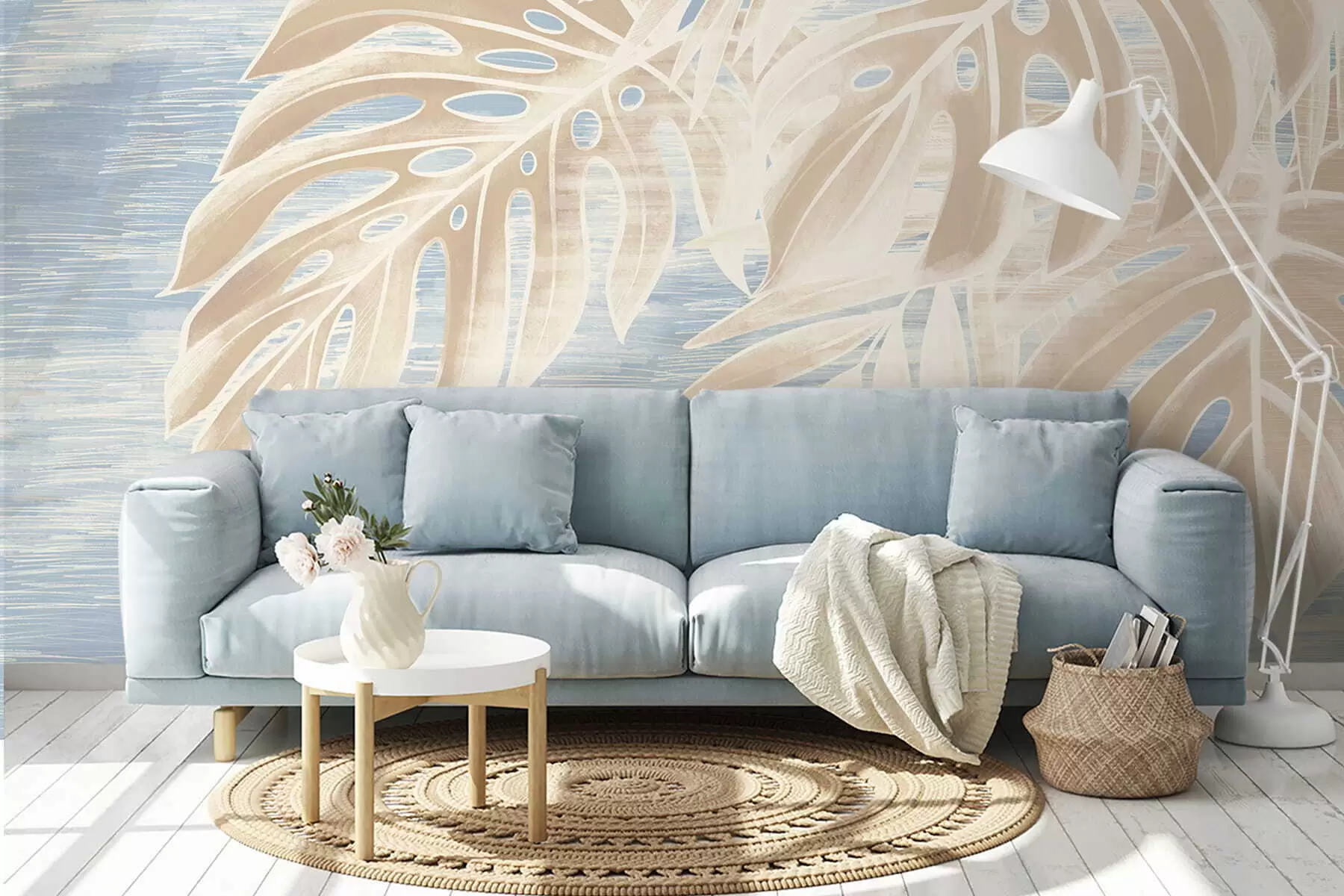 τοιχογραφίες Αφηρημένα φύλλα σε ζεστούς μπεζ τόνους σε ανοιχτόχρωμο φόντο w05130