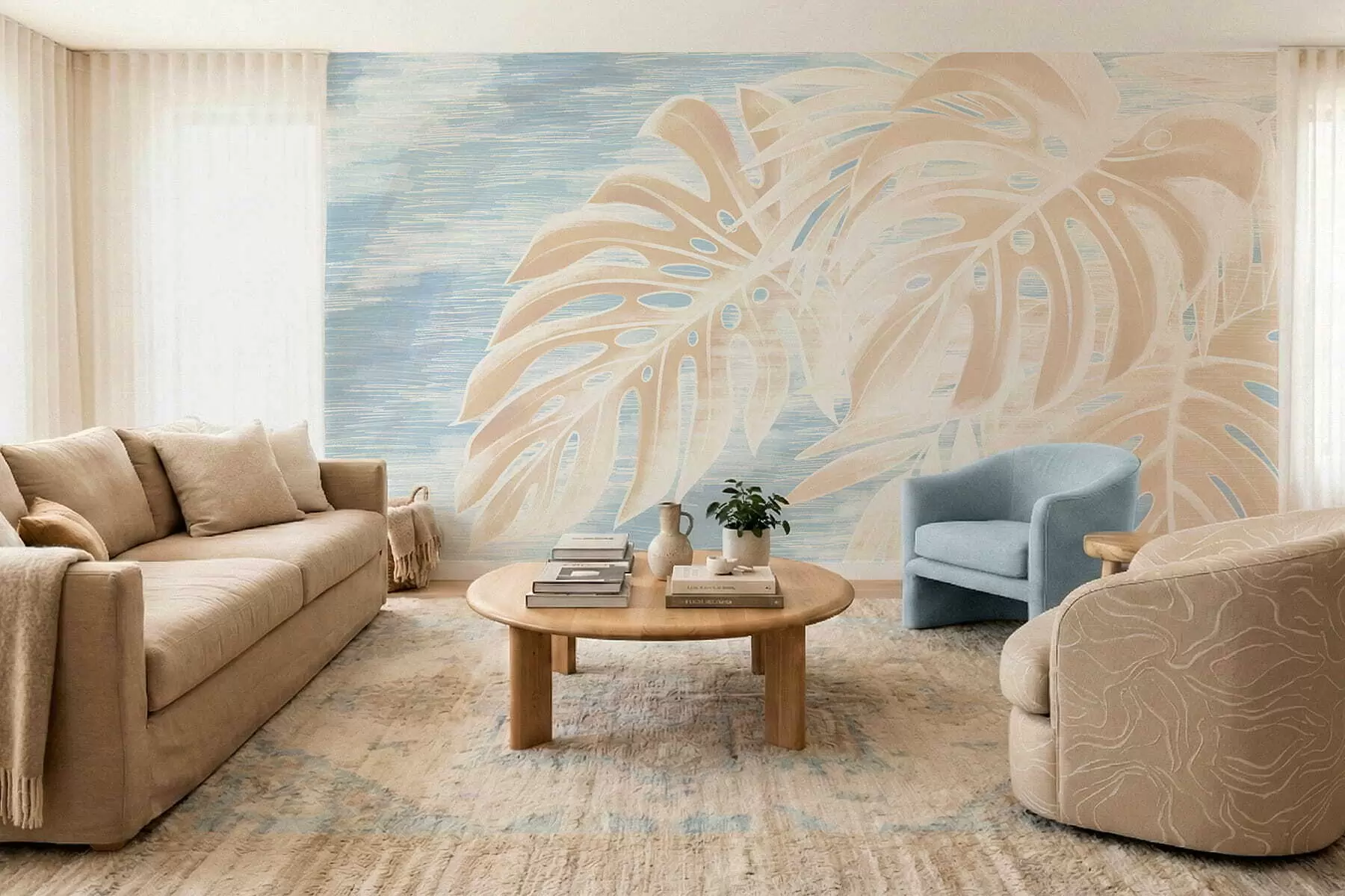 τοιχογραφίες Αφηρημένα φύλλα σε ζεστούς μπεζ τόνους σε ανοιχτόχρωμο φόντο w05130