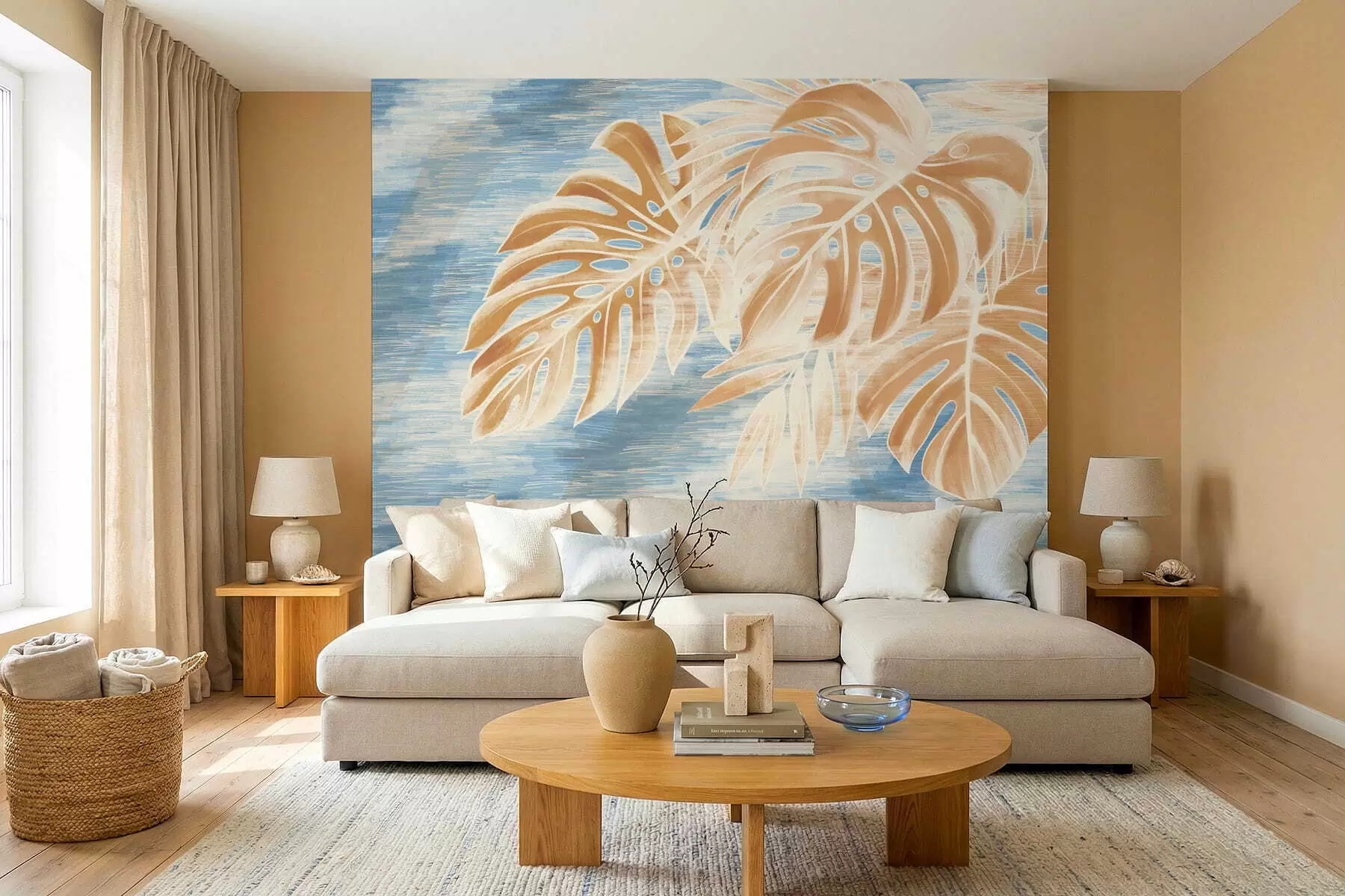 τοιχογραφίες Φύλλα σε ανοιχτούς αμμώδεις τόνους σε μπλε φόντο w05130v1