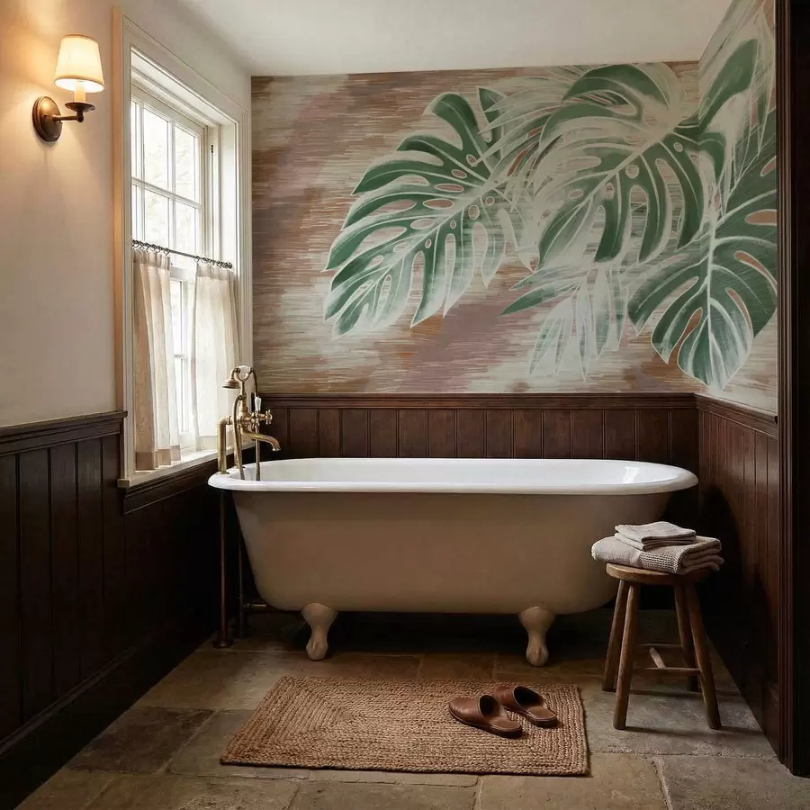 τοιχογραφίες Πράσινα φύλλα σε μια ζεστή, αφηρημένη βάση με υφή w05130v3