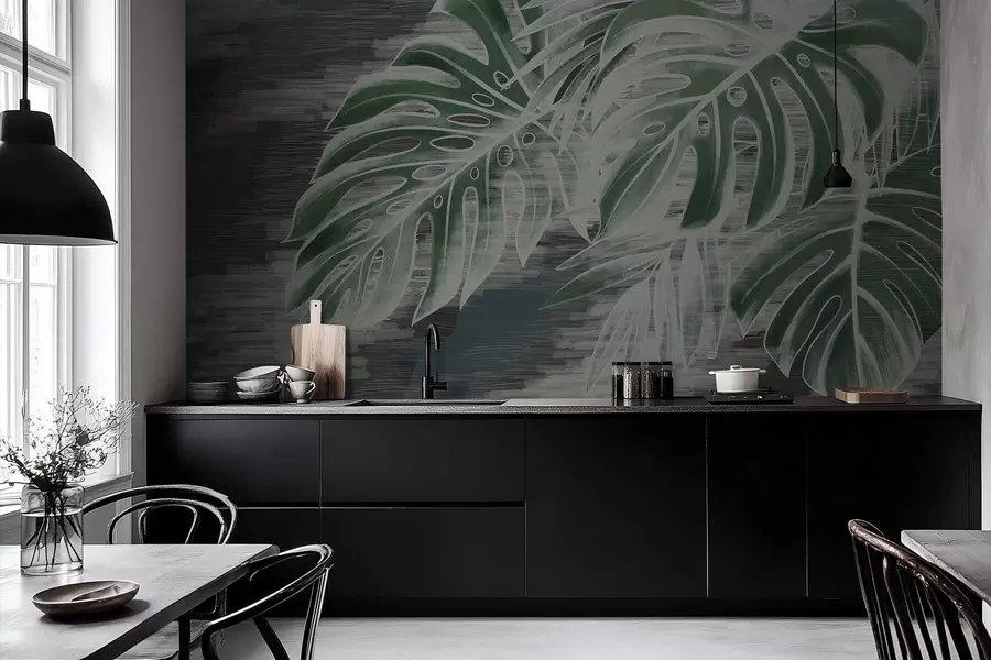 τοιχογραφίες Σκούρα πράσινα φύλλα σε σκούρο φόντο με υφή w05130v4