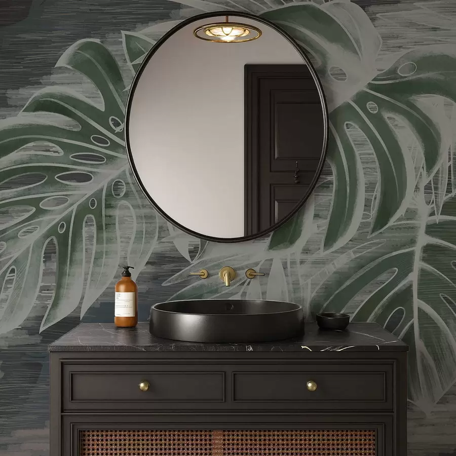 τοιχογραφίες Σκούρα πράσινα φύλλα σε σκούρο φόντο με υφή w05130v4