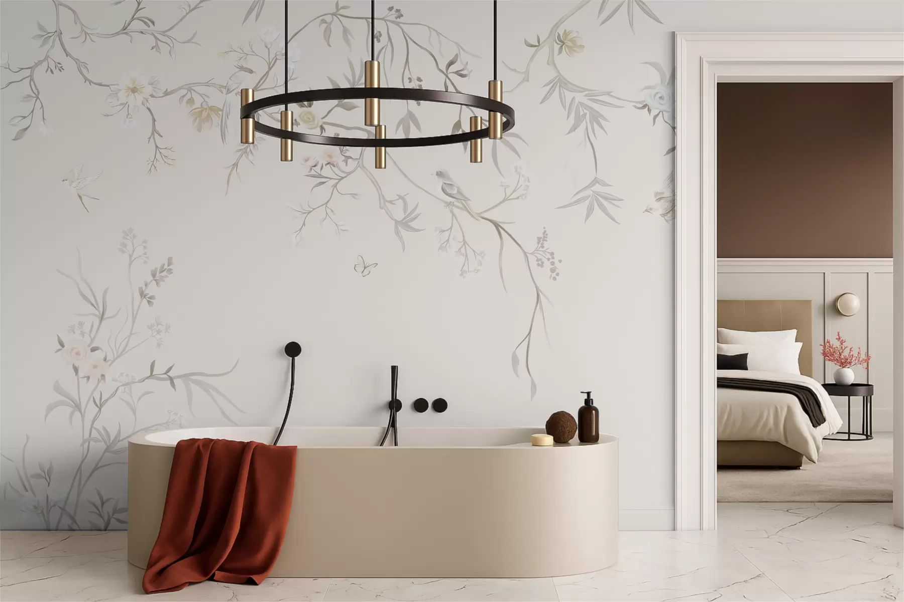 τοιχογραφίες Λεπτά λουλούδια και πουλιά σε φόντο κιμωλίας w05127