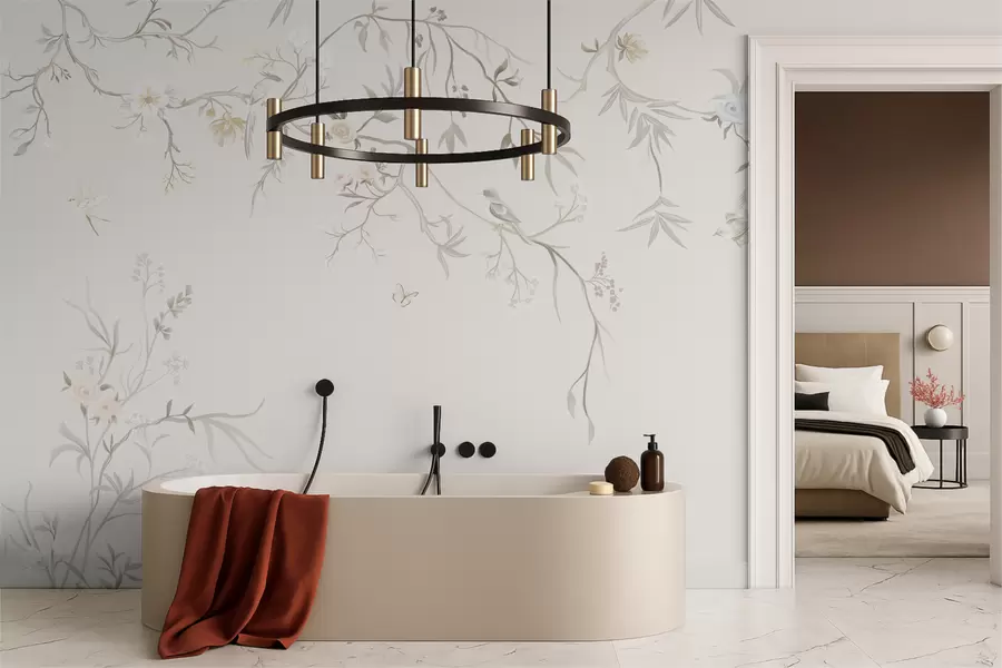 τοιχογραφίες Λεπτά λουλούδια και πουλιά σε φόντο κιμωλίας w05127