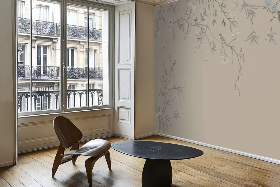 τοιχογραφίες Λουλουδάτα κλαδιά με πουλιά σε ζεστό μπεζ φόντο w05127v1