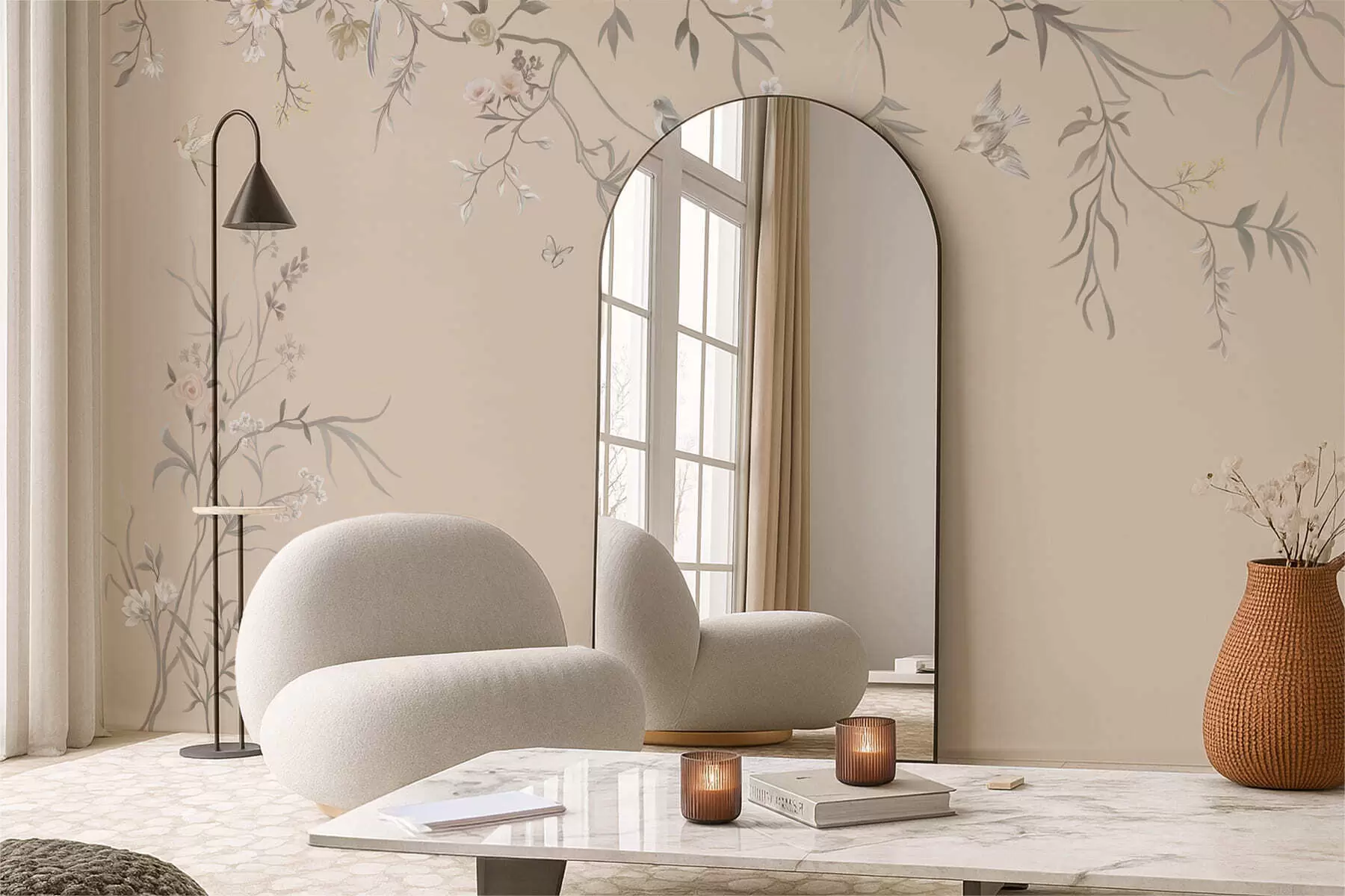 τοιχογραφίες Λουλουδάτα κλαδιά με πουλιά σε ζεστό μπεζ φόντο w05127v1