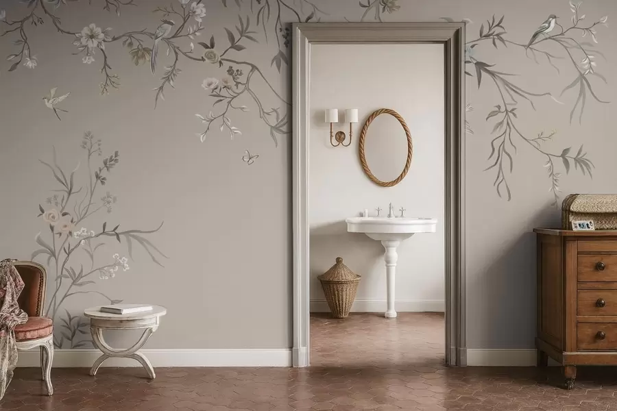 τοιχογραφίες Λουλουδάτο μοτίβο με πουλιά σε ουδέτερο φόντο w05127v3