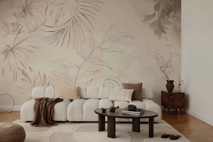 τοιχογραφίες Γραμμικά φυτά σε μπεζ φόντο με υφή w05128