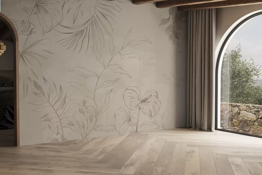 τοιχογραφίες Γραμμικά φυτά σε μπεζ φόντο με υφή w05128