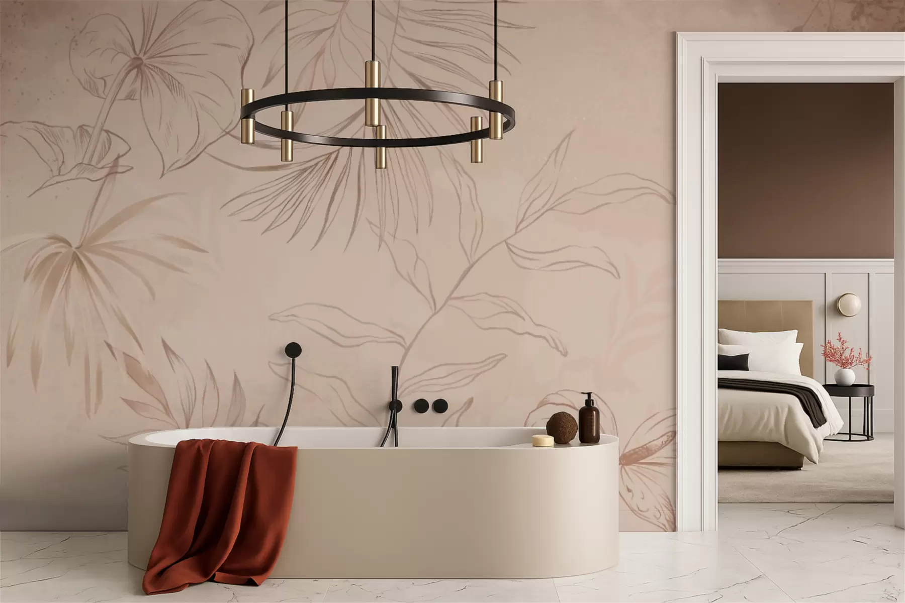 τοιχογραφίες Γραμμικά φυτά σε μπεζ φόντο με υφή w05128