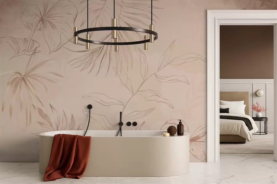 τοιχογραφίες Γραμμικά φυτά σε μπεζ φόντο με υφή w05128