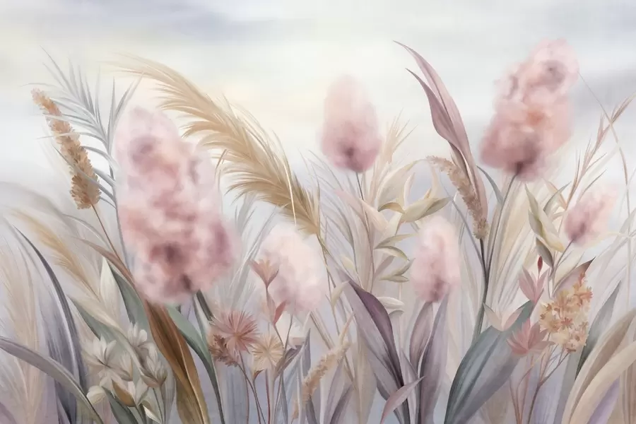 τοιχογραφίες Ροζ και μπεζ χόρτα πάμπας και άλλα αποξηραμένα λουλούδια με ένα απαλό, ομιχλώδες ουρανό στο βάθος w09635