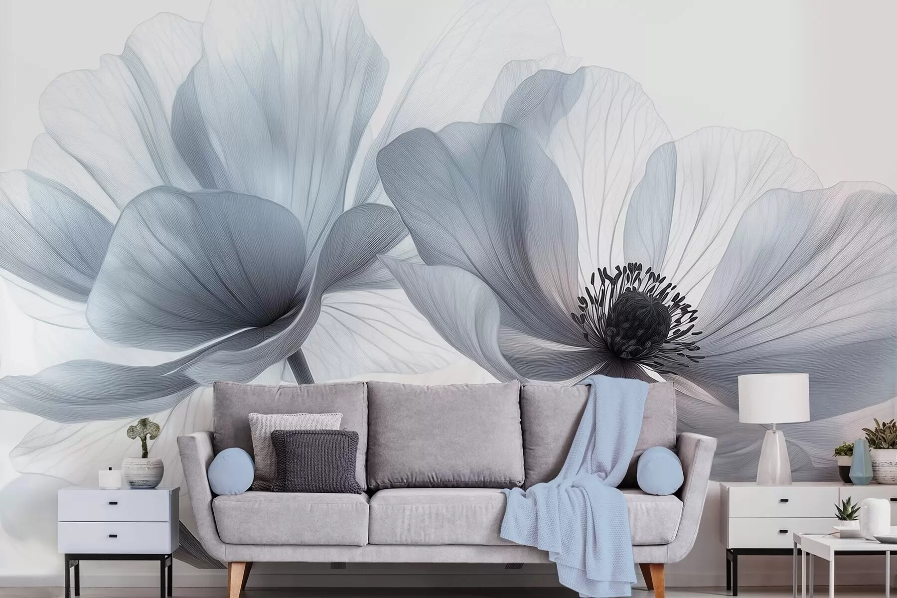 τοιχογραφίες Διαφανή γαλαζοπράσινα λουλούδια σε ανοιχτόχρωμο φόντο w09720