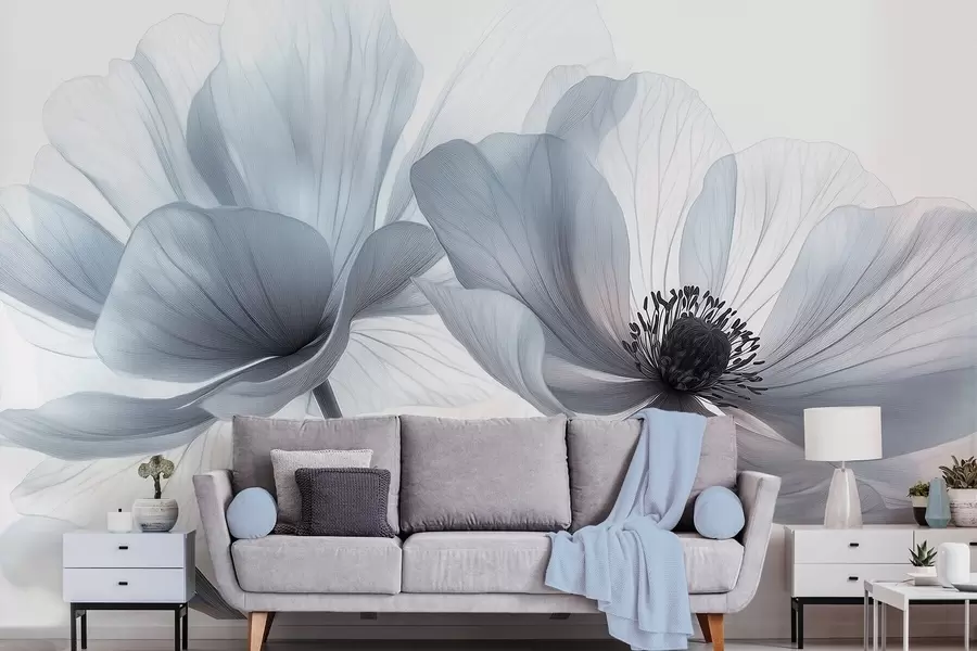 τοιχογραφίες Διαφανή γαλαζοπράσινα λουλούδια σε ανοιχτόχρωμο φόντο w09720