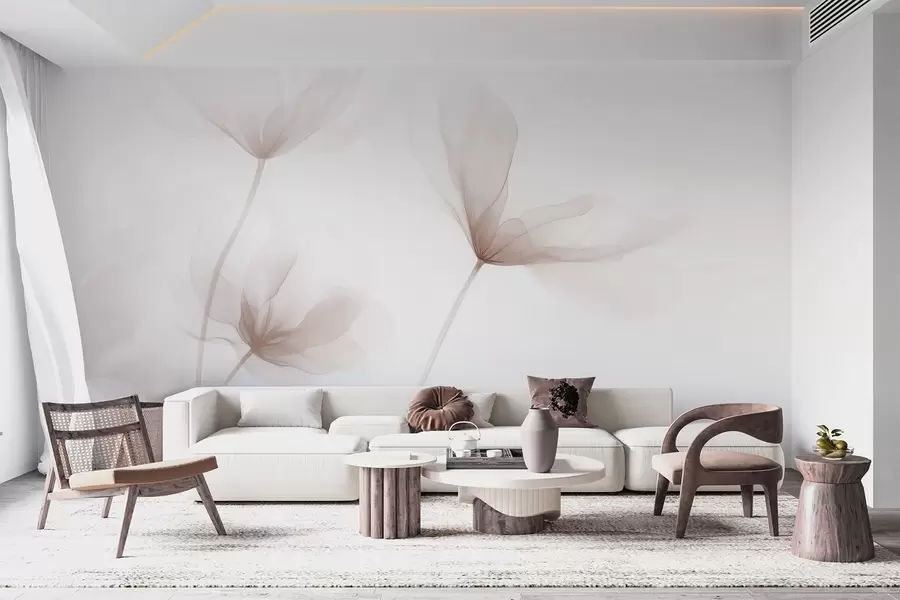 τοιχογραφίες Αέρινα μπεζ λουλούδια σε μινιμαλιστικό ελαφρύ στυλ w09734