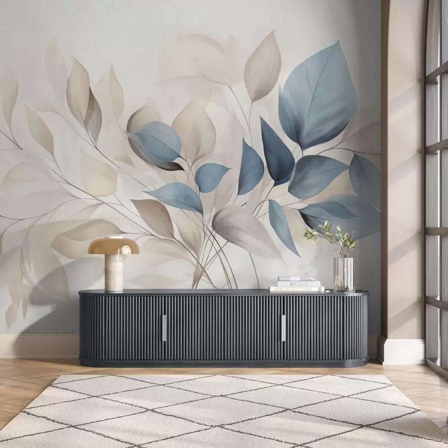 τοιχογραφίες Αφηρημένα ημιδιαφανή φύλλα σε αποχρώσεις του μπλε, του μπεζ και του κρεμ, με υφή τέχνης w09744