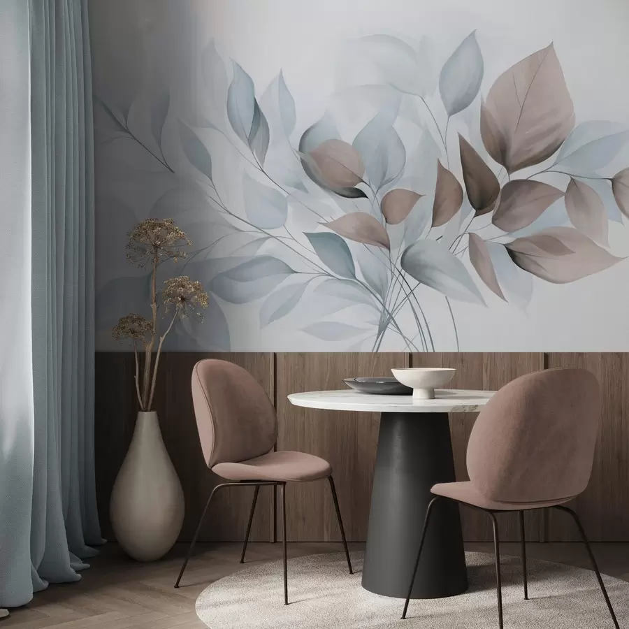 τοιχογραφίες Αφηρημένα ημιδιαφανή φύλλα σε αποχρώσεις του μπλε, του μπεζ και του καφέ, τέχνη με υφή w09744v1