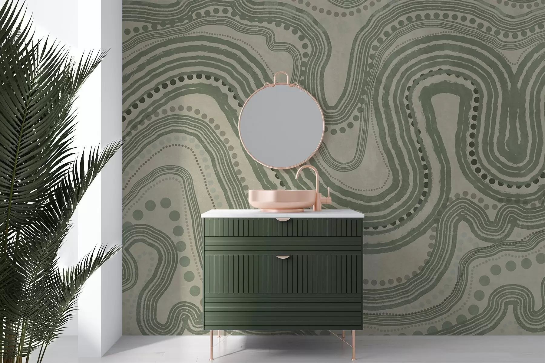 τοιχογραφίες Αφηρημένες πράσινες και μπεζ κυματιστές γραμμές και κουκκίδες, μοντέρνα τέχνη με υφή w09747