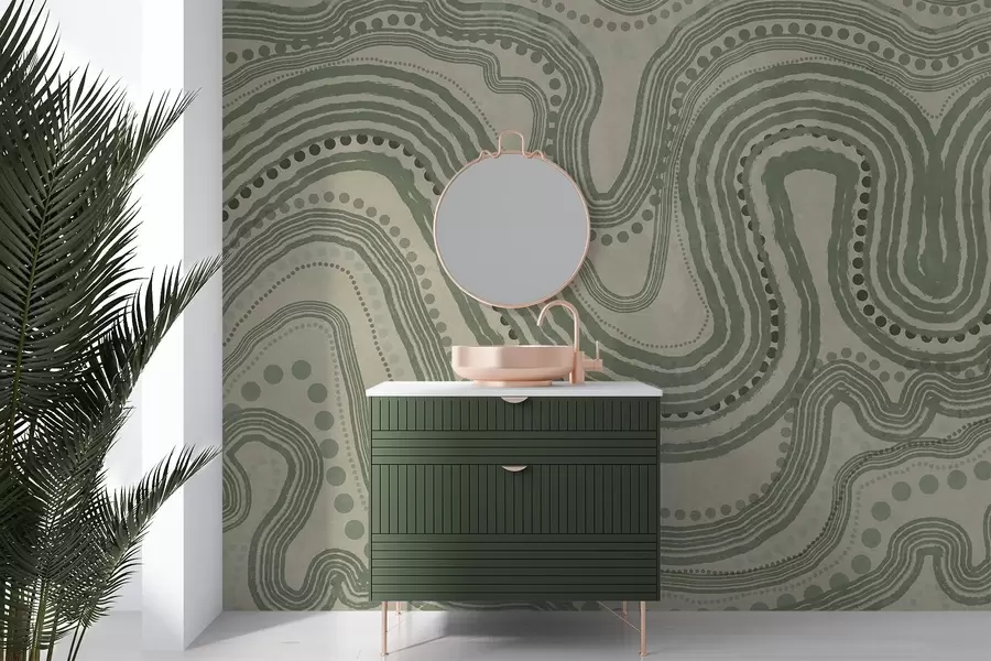 τοιχογραφίες Αφηρημένες πράσινες και μπεζ κυματιστές γραμμές και κουκκίδες, μοντέρνα τέχνη με υφή w09747