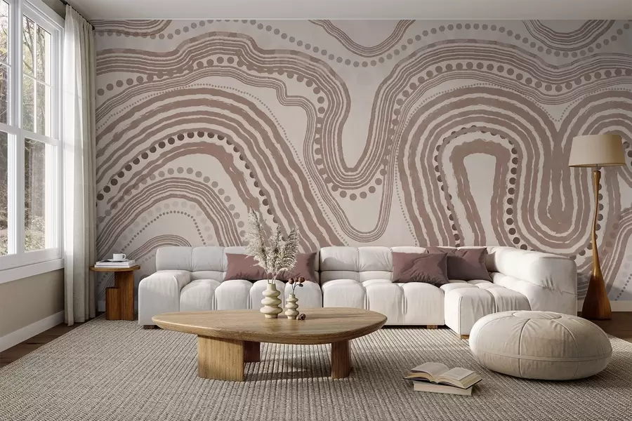 τοιχογραφίες Αφηρημένες καφέ και μπεζ κυματιστές γραμμές και κουκκίδες, μοντέρνα τέχνη με υφή w09747v1
