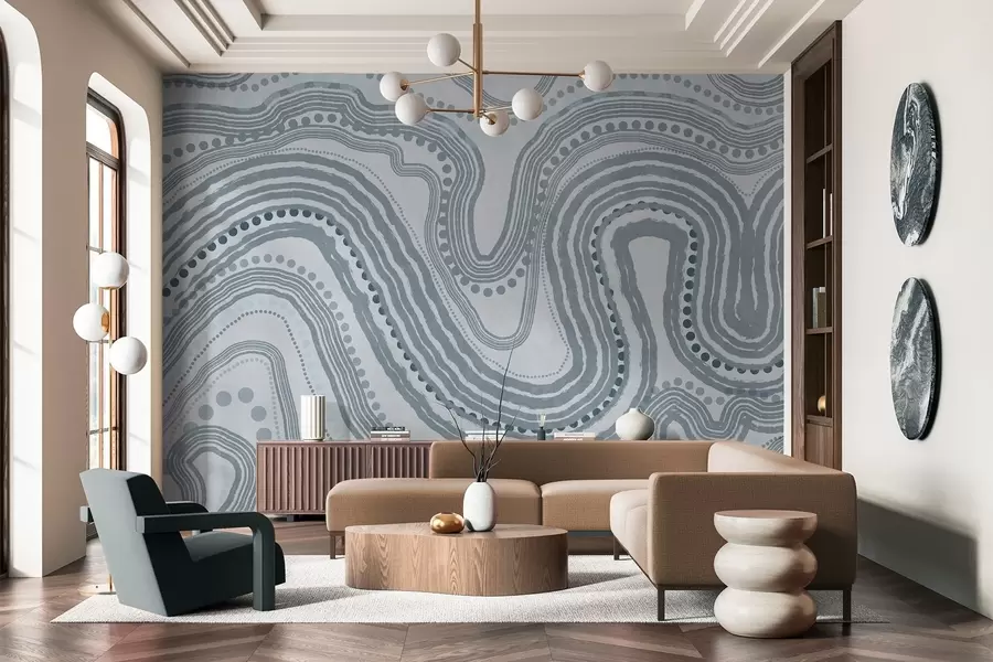 τοιχογραφίες Αφηρημένες μπλε κυματιστές γραμμές και κουκκίδες, μοντέρνα τέχνη με υφή w09747v3