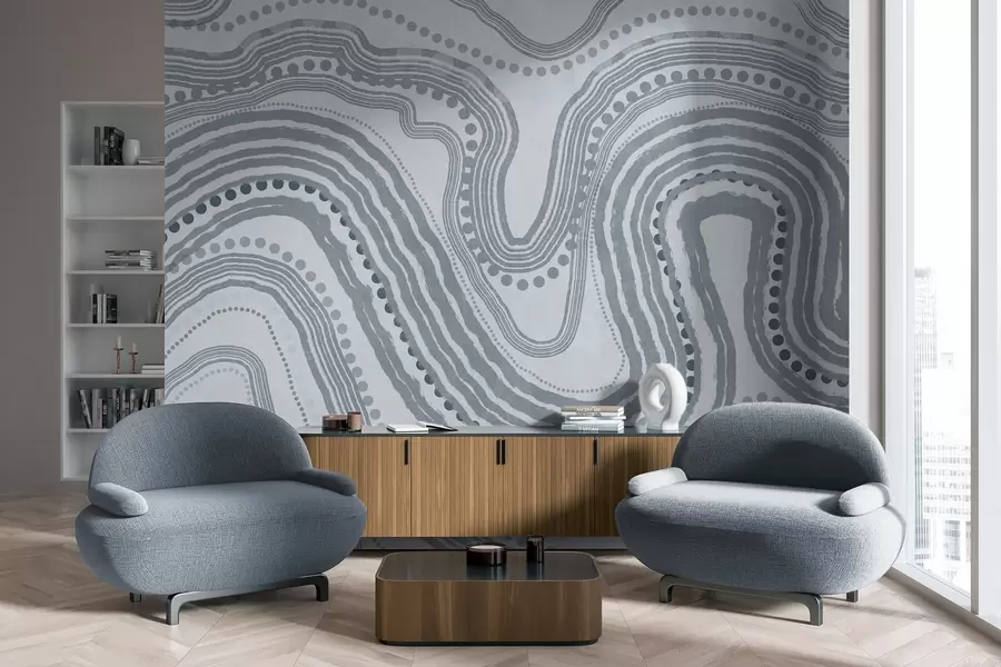 τοιχογραφίες Αφηρημένες μπλε κυματιστές γραμμές και κουκκίδες, μοντέρνα τέχνη με υφή w09747v3
