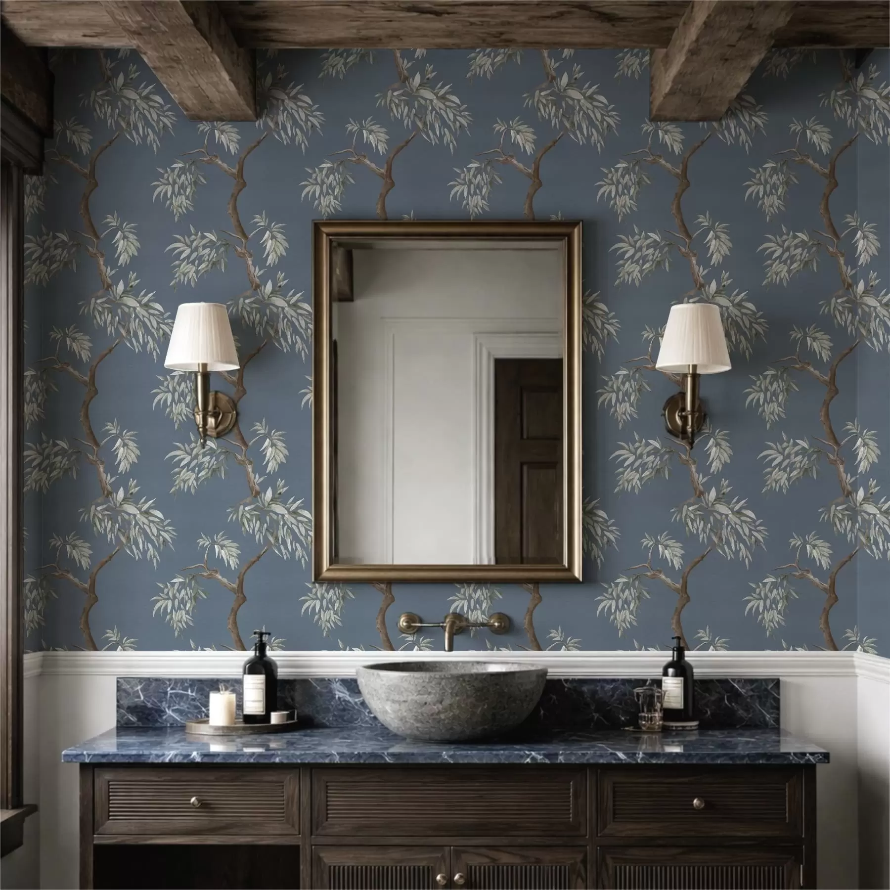 τοιχογραφίες Κλαδί δέντρου με φύλλα σε μπλε φόντο a01117