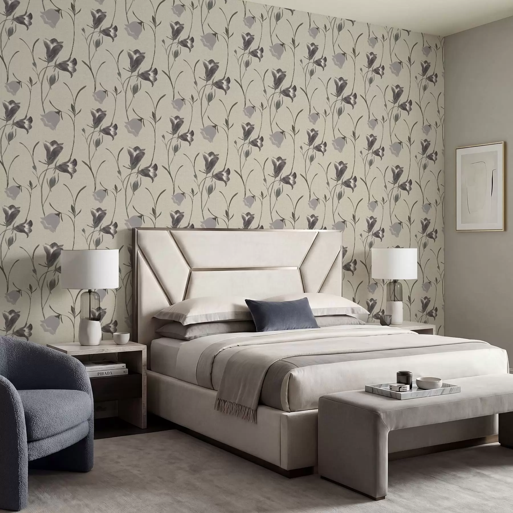 τοιχογραφίες Γκρι καμπανούλες σε ανοιχτό μπεζ φόντο a01119